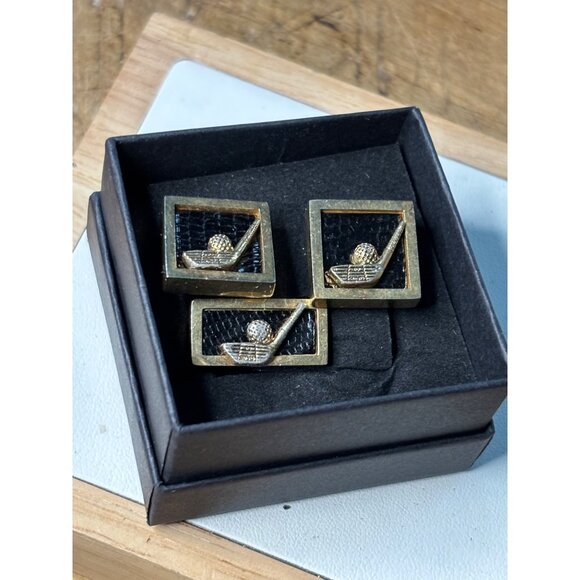 Vintage Golf-Themed Gold-Toned Cufflinks & Tie Clip Set In Black Textured Enamel - Picture 6 of 6